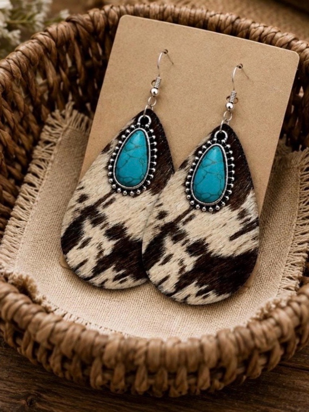 Turquoise Tear Drop Cowhide Earrings - Western Style